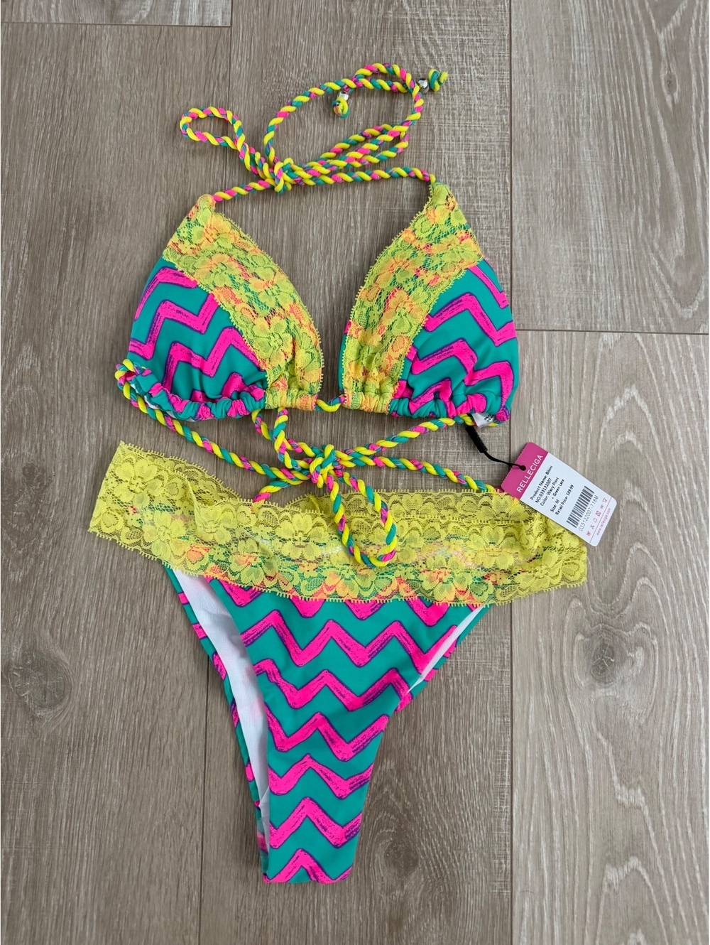 Relleciga Green Lace and Pink Print Bikini Set Size M